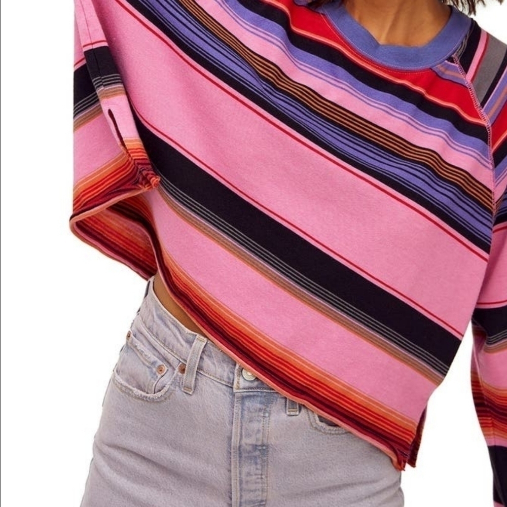 Free People Baja Striped Crop boxy Tee T-Shirt Top S relaxed Oversized - Picture 2 of 10